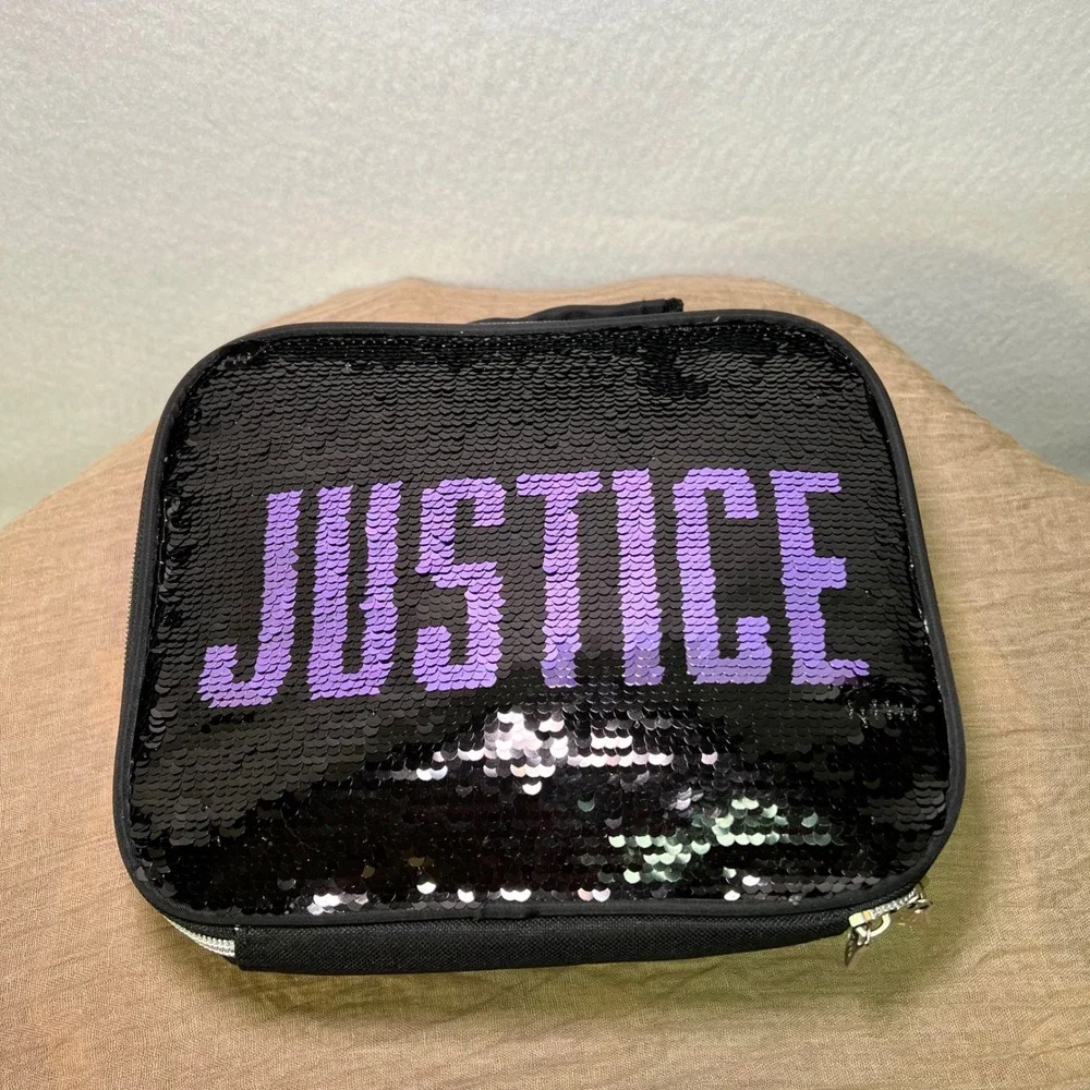 Justice Girls Black Purple Flip Sequin Insulated Lunch‎ Box Bag Sparkle